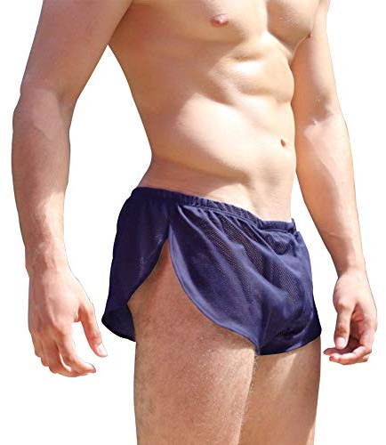 Alivebody Herr sexiga nätbyxor med delade sidor lounge shorts underkläder boxershorts, Marinblå, XL