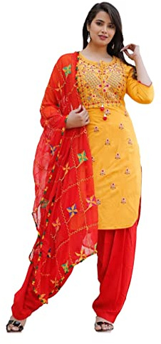 Traditional JaipurSet da Donna Classico in Rayon da 3 Pezzi di Kurti Lavorato a Mano con Una Bellissima Gonna Stampata Insieme a Shiffon Dupatta (Medium)