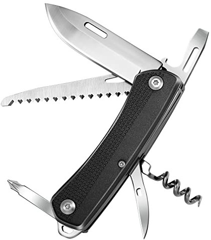 ZIMAIC Taschenmesser, Multitool Klappmesser, Vatertag Geschenk, Schweizer Messer Taschenwerkzeug (7 Funktionen, Einhand-Edelstahlklinge, Korkenzieher, Holzsäge) für Campen und Notfälle (Schwarz)