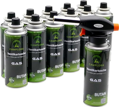 CAMPLORA Brûleur à gaz + 12 cartouches de gaz MSF-1a 227 g - Allumage piézo - 1 kW - Chalumeau Bunsen - Pour cuisine et atelier - Avec cartouche