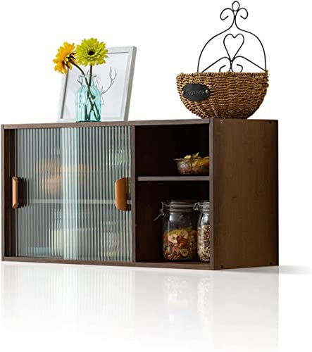 TentHome Wandschrank Hängend küche Glas-Hängeschrank Bambus Küchenschrank mit Schiebetüren Dekorative Oberschrank für Küche Bad Tasse Geschirre Aufbewahrung 80x40x28cm Walnussfarbe