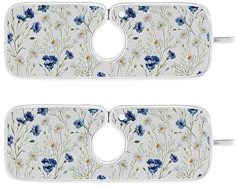 ElliTarr Sink Splash Guard Behind Faucet Mat for Kitchen Sink Drain Mat Faucet Handle Drip Catcher Tray for Bathroom 15 inch Dish Drying Mat Blue Daisy Microfiber Pack of 2