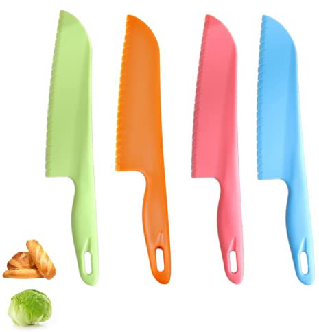 jawbush 11 Plastic Serrated Knives Set to Cut Salad, Bread, Brownies or Lasagna, Professional Large Lettuce Knife to Prevent Turning Brown, Nylon Knife for Nonstick Pans, Durable Chef's Knife, 4 Pcs