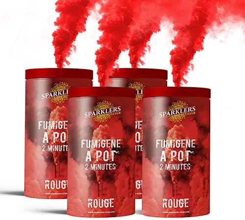 SPARKLERS CLUB Fumigène en Pot 2 MINUTES couleur Rouge - Lot de 4 - Allumage à mèche, durée 120 secondes, fumigene couleur à poser au Sol - fumigene pot au sol Catégorie F1 - LIVRAISON 24/48H