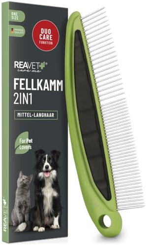 ReaVET 2-in-1 Fellkamm für Hunde & Katzen mit Mittel- bis Langhaar I Doppelkamm, Ideal um Knoten & Verfilzungen zu lösen I Hund, Katze, Hundekamm, Katzenkamm für die tägliche Fellpflege