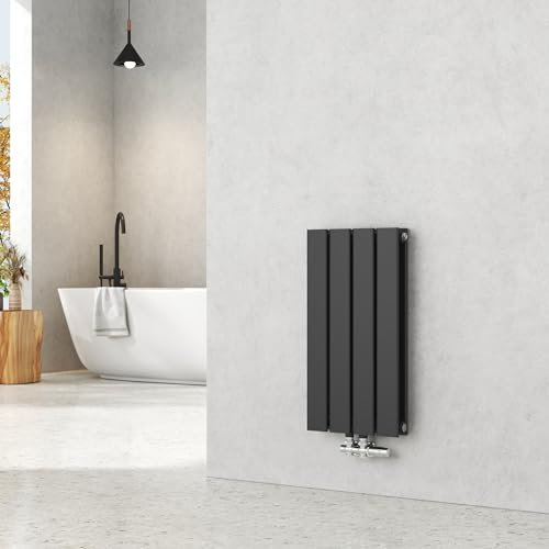 EMKE Radiador de agua caliente 60x30 cm, Radiador plano de doble capa con conexión central, Diseño montaje vertical en pared, Negro