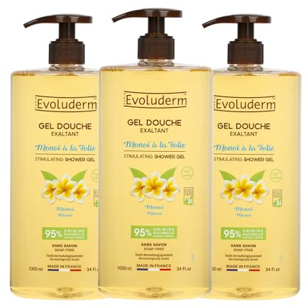EVOLUDERM - Gel Douche Exaltant Monoï à la Folie - 1000 ml - 95% d'Origine Naturelle - Végan - Fabrication Française - Lot de 3 x 1000 ml