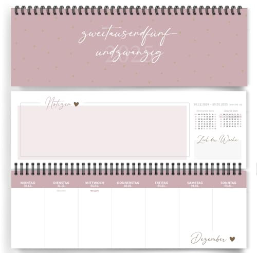 Tischkalender 2025 zum Aufstellen I Wochenkalender Quer Mit Datum|Schreibtischkalender I Stehkalender für Büro oder Zuhause, mit Platz für Notizen und Spalten für weiter wichtige Erledigungen