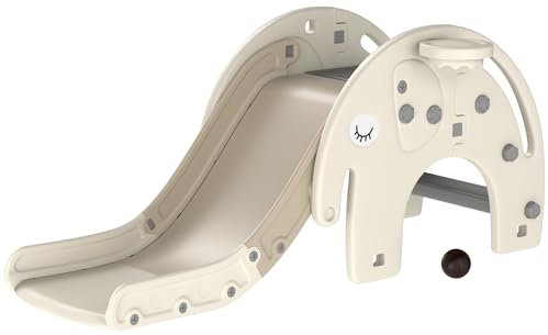 AIYAPLAY Kids Slide, 3 in 1 Toddler Slide with Basketball Hoop, Climber, Elephant-Themed Indoor Slide for 1-3 Years, Cream White