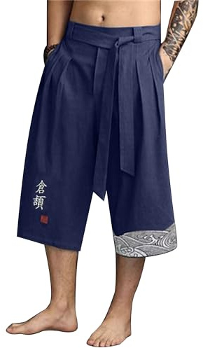 YAOBAOLE Pantaloni Giapponesi Uomo Pantaloni Corti Taro Uomo in Lino Abbigliamento Tradizionale Giapponese con Coulisse, Blu marino, XXL