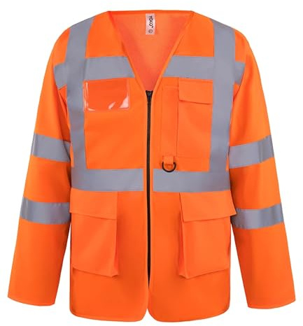 Brook Hi Vis Yoko Premium Hi Vis Vest Zipped Long Sleeve Safety Vest with Pockets – High Visibility Hi Vis Vest with Pockets for Construction, Warehouse, Duties - Work Tops for Men Orange,2XL
