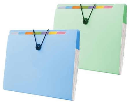 A4 fack (2 stycken) – dokumentmapp med 12 fack och indexflikar, fast elastisk snörstängning, kapacitet på 360 sidor, mappsystem för skola/kontor, mapp med fack (blå + grön)