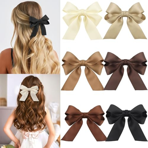 Xanthelle Satin Hair Bows, Pack of 6 Satin Hair Bows for Girls and Women, Soft Hair Bow Accessory with Hair Clip, Silky Hair Bows