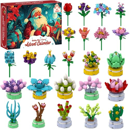 Calendario dell'Avvento 2025 con blocchi floreali per bambini – Calendario di Natale con 24 diversi fiori succulenti decorazione della stanza e idea regalo giocattolo creativo per ragazzi e ragazze