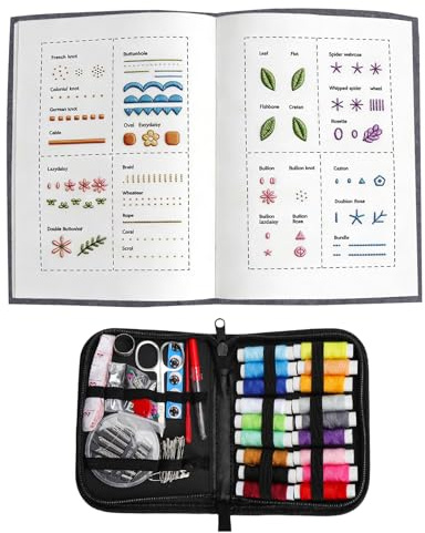 SERYUUT Set de bordado con bastidor y libro de bordado Aprende a bordar Libro de completo con 40 diseños 20 colores y kit de costura de 86 piezas un regalo DIY para principiantes