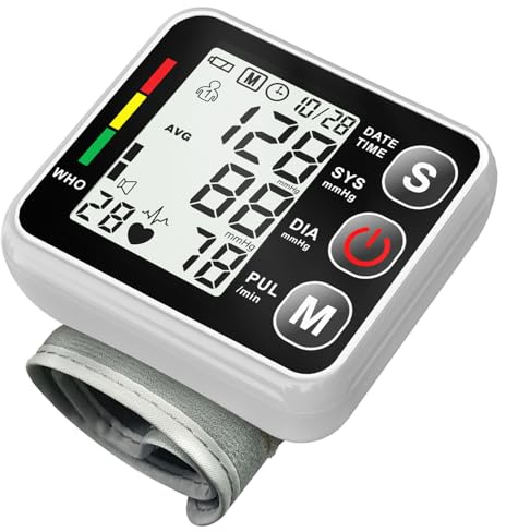 Tensiometro de Muñeca, Medidor Tension Arterial con Pantalla LCD y Mensaje de Voz en Inglés, Puño Ajustable, Tensiometro Muñeca para Uso Doméstico o en Movimiento