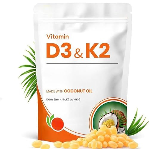 Complejo Vitamina D3 K2 2-en-1 con Aceite de Coco Virgen, Apoyo Energía Diaria & Equilibrio del Estado de Ánimo, Sin OMG & Sin Gluten
