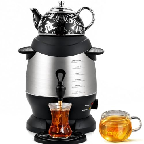 Elektrisk turkisk tebryggare, 1 800 W, 5 L rostfritt stål samovar med 1 l keramisk tekanna, håller värmen för turkiskt och doftande te, perfekt för att brygga kaffe