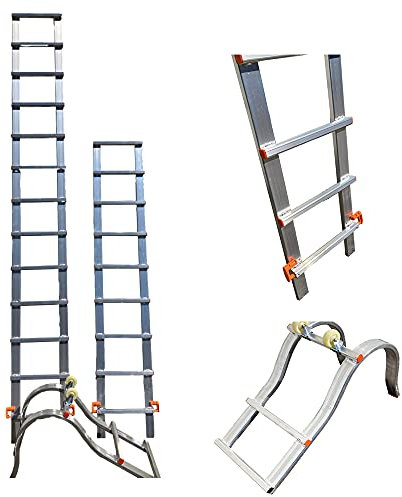 Echelle de Toit Facile à Installer, légère et résistante - Lot 2 Rallonges + 1 Crochet - 5,90 m de Haut - Aluminium - Sécurité et Stabilité pour Travaux en Hauteur