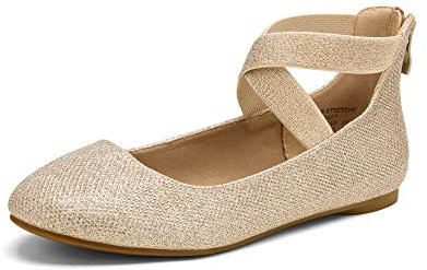 DREAM PAIRS Womens Ballerina Flat Fashion Elastic Ankle Straps Cross Strap Round Toe Comfy Ballet Pumps Dolly Shoes,Size 7,Gold/Glitter,Sole_Stretchy