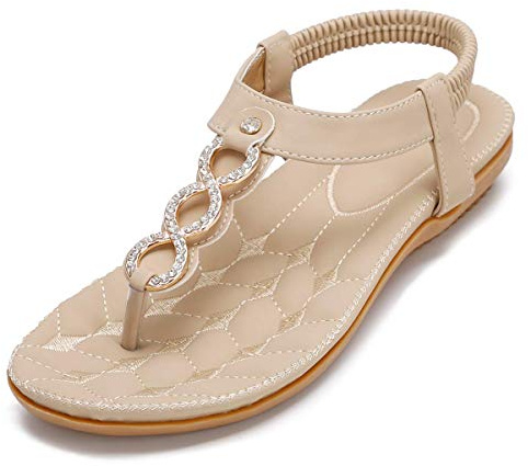 Amissz Womens Sandals Summer Flip Flops Thong Ladies Sandals Elastic T-Strap Bohemian Rhinestones Walking Sandals Beach Open Toe Shoes