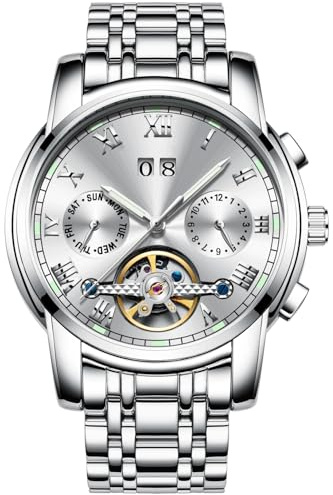 RORIOS Business Tourbillon Automatic Mechanical Watch for Men Stainless Steel Calendar Luminous Pointer Multifunction Wrist Watch