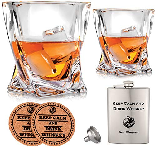 VACI GLASS Whiskey Glasses Set of 2-10 Oz Clear Crystal Tumblers - Lead-Free Whiskey Glass & Stainless Steel Flask & Cork Coasters