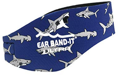 Ear Band-It Ultra Schwimmstirnband (hält Wasser draußen, Ohrstöpsel fest), von Ärzten empfohlen, Größe M (Alter 3–8 Jahre), Haifisch