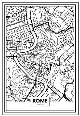 Panorama Cuadro Enmarcado Mapa de Ciudad Roma 50x70cm - Impreso en Papel Rígido - Incluye Marco - Decoración Salón - Póster Decorativos para Dormitorio y Salón