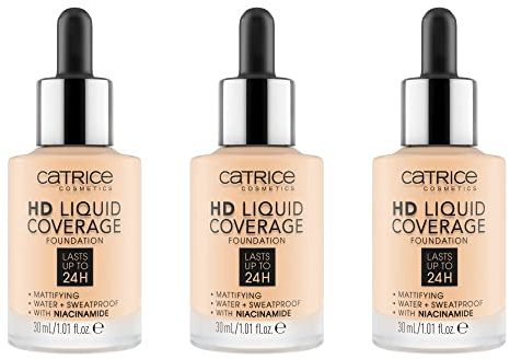 Catrice Base de maquillaje líquida HD de, maquillaje, dura hasta 24 horas, resistente al agua y al sudor, efecto segunda piel, n.º 002 Porcelain Beige, sin aceites, paquete de 3 (3 x 30 ml)