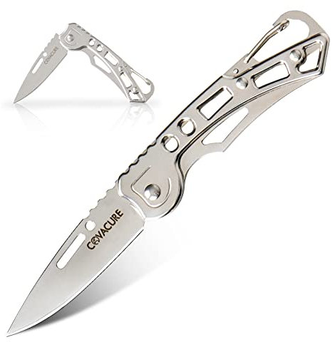 COVACURE UK Legal Non-Locking Pocket Knife with Silver Skeletonized Handle 2.4 Blade with Carabiner Clip