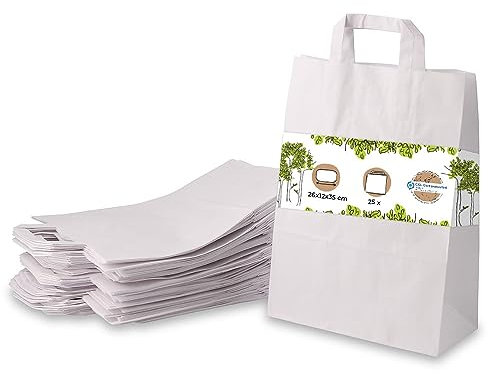 GREENBOX weiße Papiertüten mit Griff I umweltschonende Papiertüte aus Kraftpapier I Geschenktüte biologisch abbaubar, Tüten kompostierbar I 25 x weiße Papiertragetaschen mit Henkel 26x12x35 cm