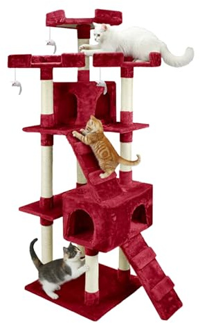 AQPET Tiragraffi Manhattan 170 cm con Cuccia per Gatti Albero Parco Giochi Gioco Tira Graffi per Gatto Rosso