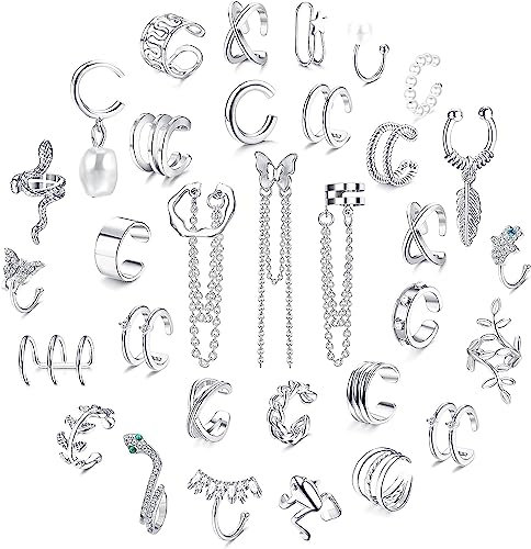 Diamday 32Stück Ear Cuff Set Ohrmanschette Ohrringe Clip auf Wickelohrring Nicht Piercing Knorpel Manschette Kette Ohrringe Ohrklemme für Damen Einstellbar Schlange Schmetterling Ohr Cuffs Silber