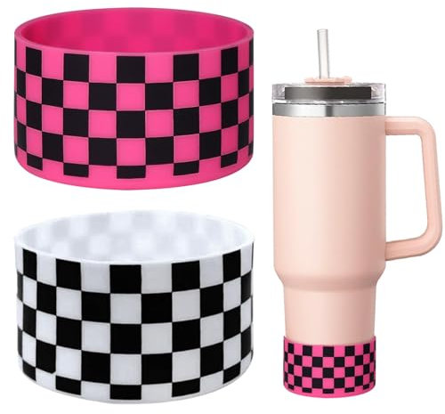 GENLEAS 2 PCS Checkered pattern Protective Silicone Boot for Stanley Tumbler 20oz-40oz, for Hydro Flask Water Bottle 12oz-24oz, Anti-Slip Sleeve for Bottles with 2.88-2.97in Bottom(1White 1Pink)