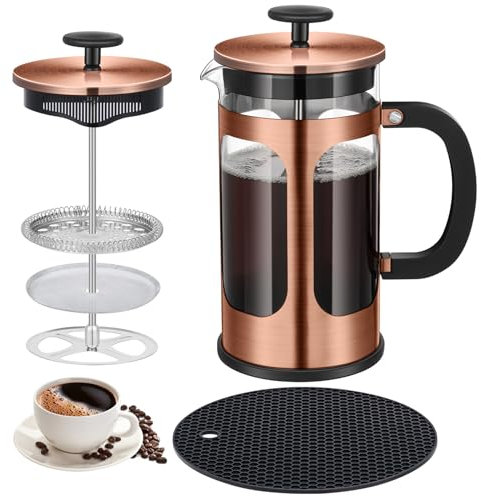 KOOYAT Cafetiere French Press Coffee Maker with Capacity of 1000ml / 6 cup Large Coffee Press for Ground Coffee in Home Office or Travel Heat-Resistant Caffettiera Gift Set for Women and Men Copper