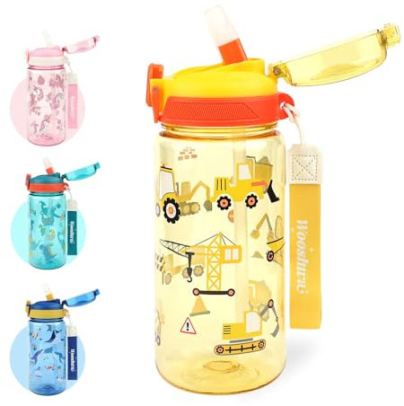 wooshwa Trinkflasche Kinder, Auslaufsicher Einhandöffnung, Sport Wasserflasche mit Strohhalm, Kindergarten Schule und Sport Flasche für Jungen, Tragegriff BPA-frei Spülmaschinenfest 600ml, Bagger