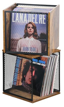 LOFTEY 2 Pack Vinyl Record Storage, 100-120 Records Vinyl Crate, Stackable Record Holder for 7-12 Records, Cube Storage Box for Book & Toys, Rustic Brown