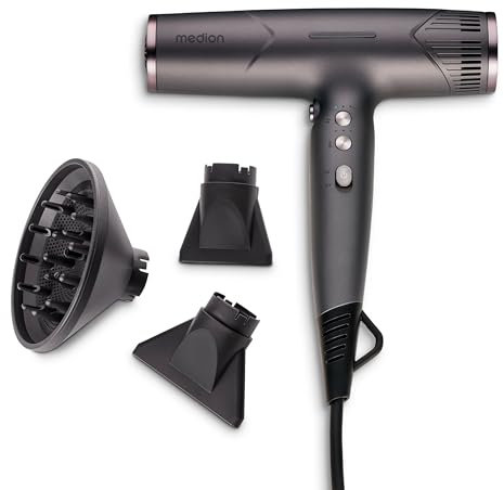 MEDION Föhn - Ionen Haartrockner mit Diffusor HD2 (Ionen, 1.500 Watt, Stylingdüse, vielseitige Aufsätze, leise langlebiger BLDC Motor, Selbstreinigungsfunktion, langes Netzkabel) Haarföhn schwarz