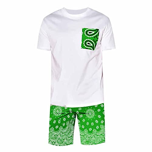 Herren-Freizeitanzug, Cashew-Blumendruck, kurzärmelig, Shorts, zwei Herren-Chap-Anzüge, grün, XXL