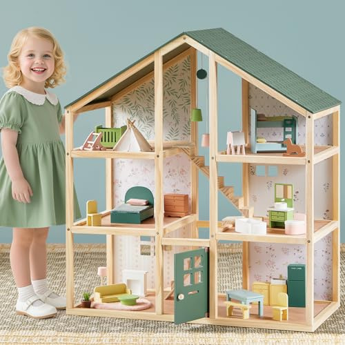 Tiny Land Wooden Dollhouse for Girls - 6 Rooms Wooden Doll House