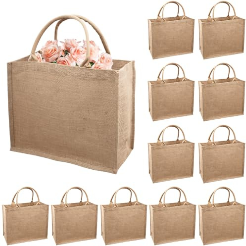 RWFMO 12 Pcs Jute Burlap Tote Bag, Large Jute Beach Bag with Handles, Blank Burlap Gift Tote Hessian Shopping Bags for Bridesmaid Wedding Favours DIY Decorating, 40 x 32 x 15cm