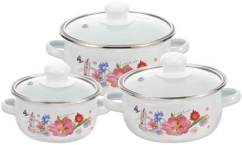 TEMPNAP Olla de Cocina Esmaltada Portátil Doble Asa, Mini Olla para Sopa y Guiso Resistente al Desgaste, 3 Piezas, Diseño Floral y Patrón Aleatorio para Uso Doméstico Varios estilos