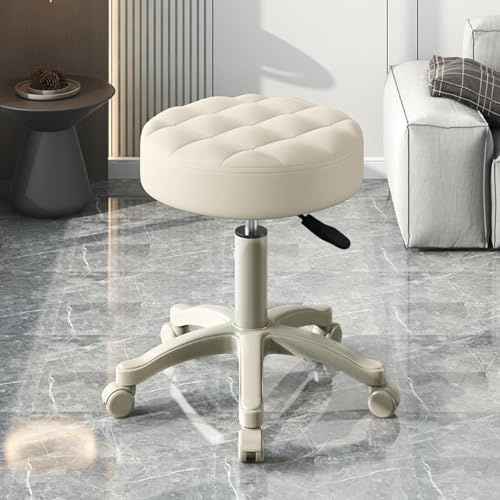 tekrabea Round Rolling Stool with Wheels, Faux Leather Soft Cushion Round Stools to sit on, Height Adjustable Spa Stool on wheels for Salon Massage Home Kitchen (Beige)