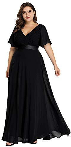 Ever-Pretty Glamorous Double V-Neck Ruffles Padded Evening Dress, 18, Black