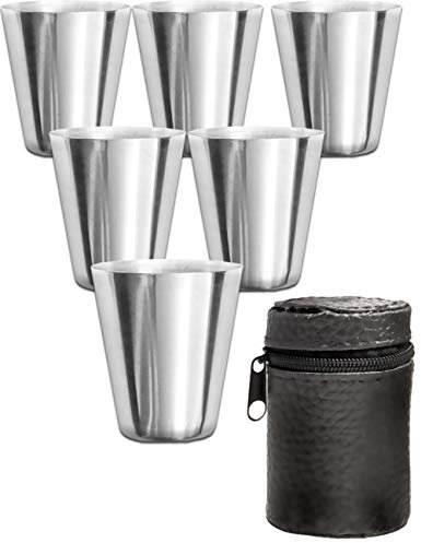 Outdoor Saxx 6er Set Edelstahl-Schnaps-Becher mit Leder-Tasche, unzerbrechlich