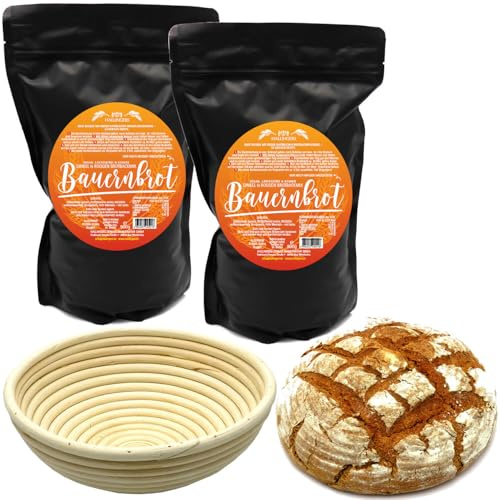 Hallingers Genuss Manufaktur Natürliche Brotbackmischung frisch aus der Mühle im Gärkorb-Set - 2er Sparpack