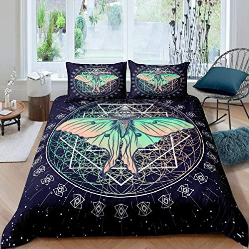 Homewish Fantasy Bettbezug,Hawk Moth mit Luna Heiligen Geometrie Linien Illustration Sternenhimmel Gradient Grün Orange Trösterbezug,Dekoratives 2 Stücke Bettwäsche Set mit 1 Kissenbezug,135x200,Blau