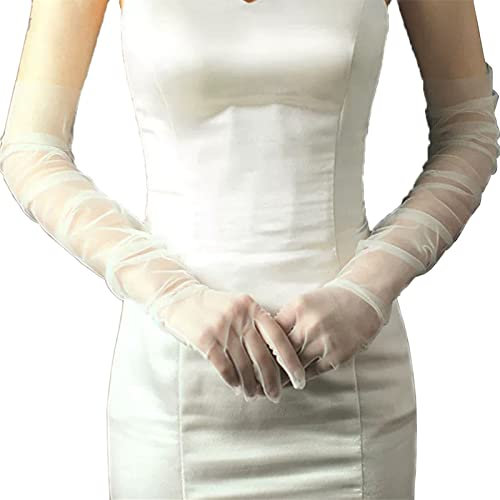 Acenail White Long Gloves Women’s Wedding Tulle Gloves Elbow Length 20s Opera Glove Sheer Gloves for Brides (White)