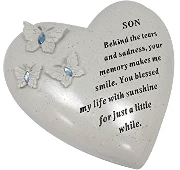 Placa conmemorativa personalizable con corazón con 3 mariposas y gemas azules, decoración para tumbas, regalo en el recuerdo amoroso de tus seres queridos fallecidos (hijo)